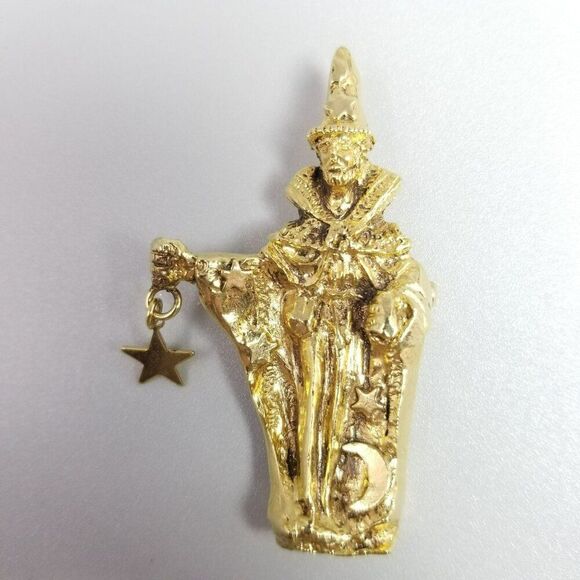 Vintage Kirks Folly Wizard Holding Star Brooch, Gold Tone Signed Lapel Pin - Picture 1 of 7